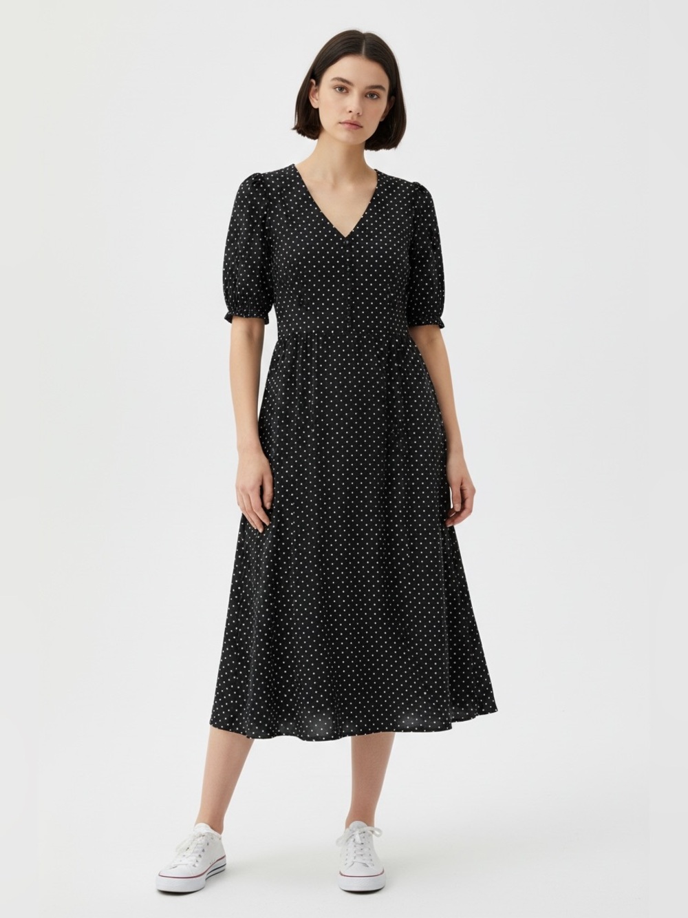 Banana Republic Black Polka Dot V-Neck Short Sleeve Midi Dress